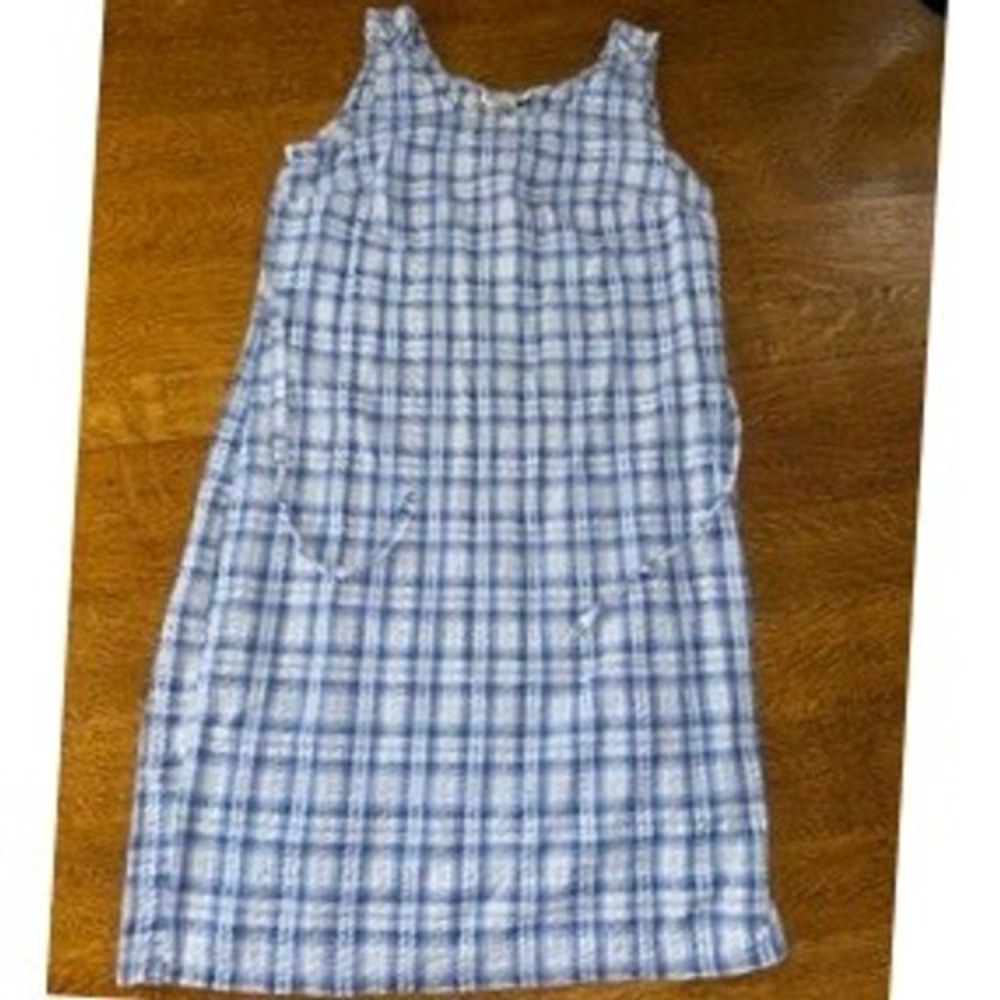 Forever Care Blue White Plaid Seersucker Sleeveless Tie Waist Shift Dress Medium
